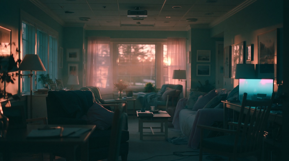 A calm senior living room in warm evening light